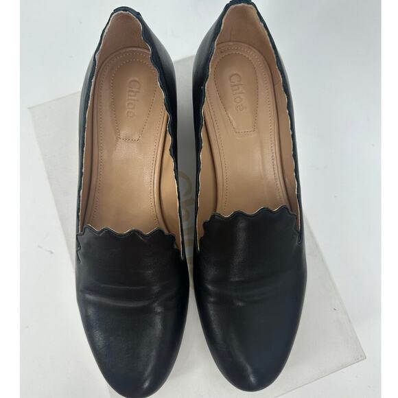Chloe Leather Scalloped Accent Pumps Loafer Heel - Picture 6 of 9